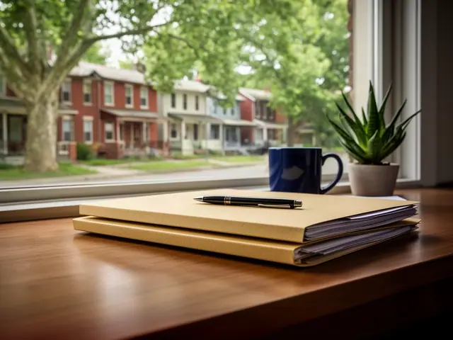 A neat stack of closed manila folders and a pen on a desk by a window.