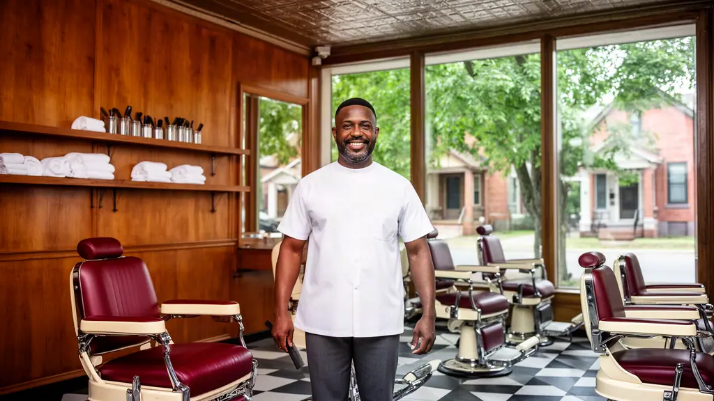 A smiling barber standing in a bright classic barbershop with burgundy leather chairs and a checkered floor.