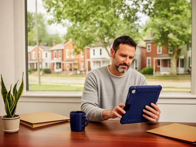 A man in a gray sweater reviewing a tablet in a navy case at a desk by a window onto brick houses.