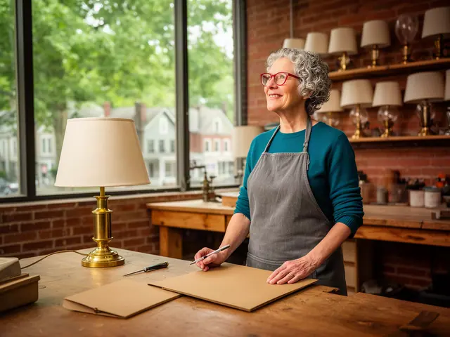 A smiling lamp maker in a gray apron at a workbench with a brass lamp, shades on shelves and a closed folder.